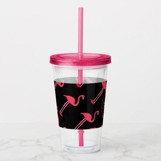 Roze lamingos op zwart-persoonlijk acryl drinkbeker (Voorkant)