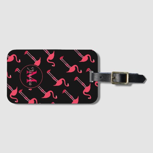 Roze lamingos op zwart-persoonlijk bagagelabel (Voorkant (horizontaal))