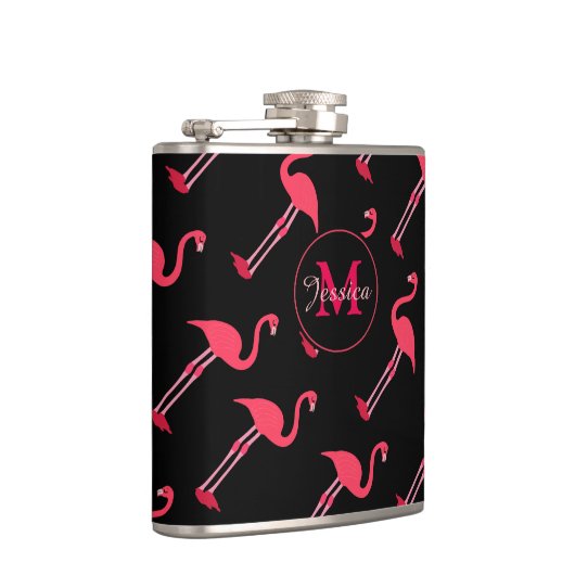 Roze lamingos op zwart-persoonlijk heupfles (Rechts)