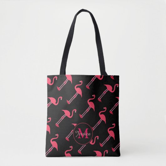 Roze lamingos op zwart-persoonlijk tote bag (Voorkant)