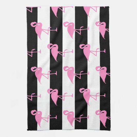 Roze lamingos op zwarte en witte strepen theedoek (Verticaal)