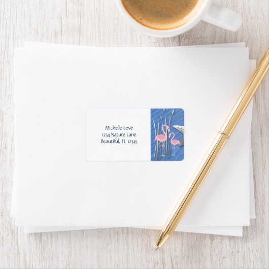 Roze lamingos, strand van Starfish en Seashells Etiket (Insitu)