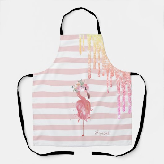 Roze lamingos, ventilator, strooiselschijven, stri schort (Voorkant)