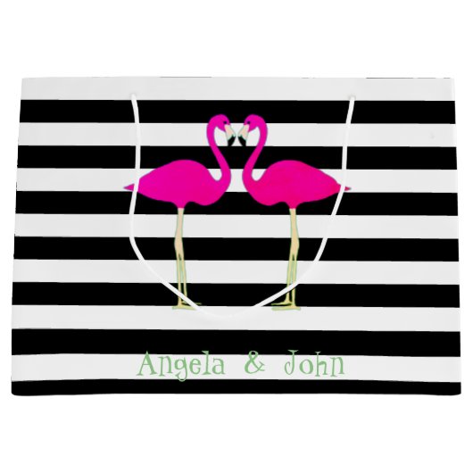 Roze lamingos, zwarte witte strepen, op maat gesne groot cadeauzakje (Voorkant)