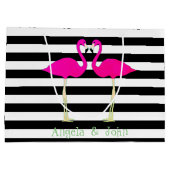 Roze lamingos, zwarte witte strepen, op maat gesne groot cadeauzakje (Achterkant)