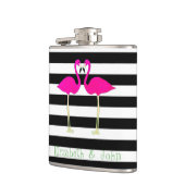 Roze lamingos, zwarte witte strepen, op maat gesne heupfles (Links)