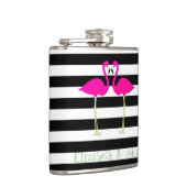 Roze lamingos, zwarte witte strepen, op maat gesne heupfles (Rechts)