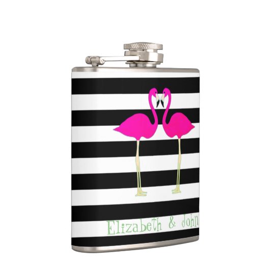 Roze lamingos, zwarte witte strepen, op maat gesne heupfles (Rechts)