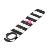 Roze lamingos, zwarte witte strepen, op maat gesne speed flessenopener (Voorkant Gekanteld)