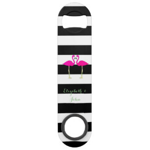 Roze lamingos, zwarte witte strepen, op maat gesne speed flessenopener