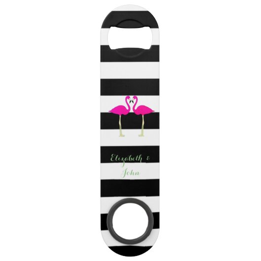 Roze lamingos, zwarte witte strepen, op maat gesne speed flessenopener (Voorkant)