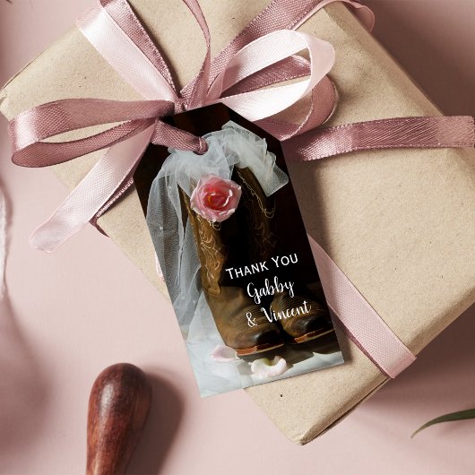 Roze Land Roos Cowboy laarzen Westerne bruiloft Cadeaulabel
