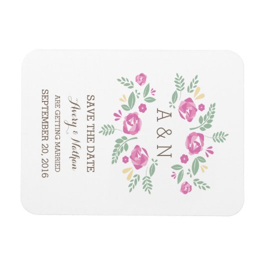Roze landbloemmonogram Opslaan datum Magneet (Horizontaal)