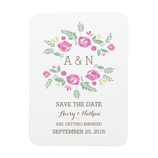 Roze landbloemmonogram Opslaan datum Magneet (Verticaal)