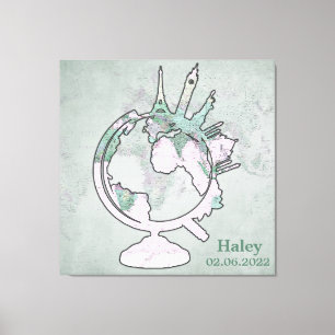 Roze Landmark Wereldbol van de kaart Gepersonalis Canvas Afdruk