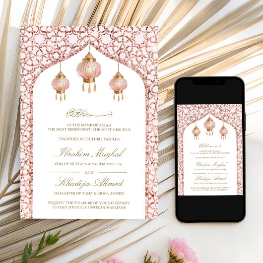 Roze Lantaarns Blush Roos Goud Moslim Bruiloft Kaart