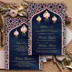 Roze Lantaarns Marineblauw Roze Goud Moslim Bruilo Kaart