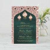 Roze Lantaarns Smaragd Roos Gouden Moslim Bruiloft Kaart (Staand voorkant)