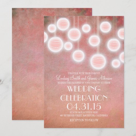 Roze lantaarns vintage bruiloft uitnodiging (Voorkant / Achterkant)