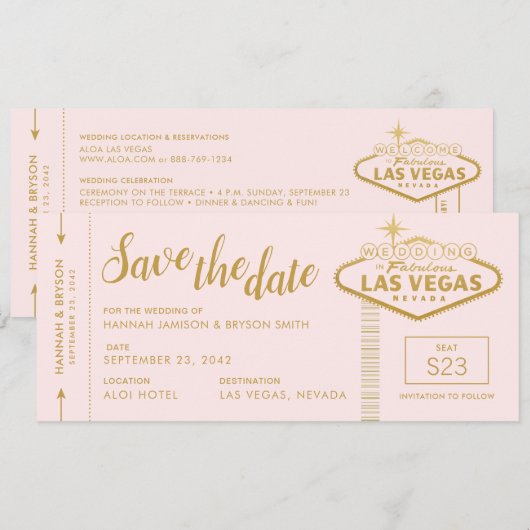 Roze Las Vegas Boarding Pass Save the Date Kaart (Voorkant / Achterkant)