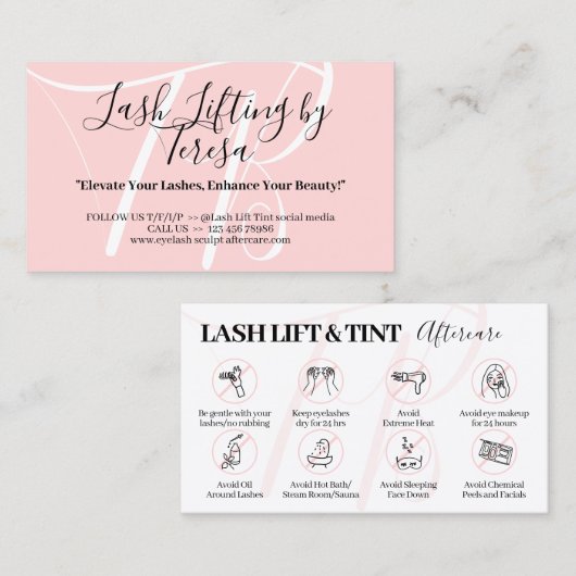 Roze Lash Lift Tint Aftercare Tips Instructie Visitekaartje (Voorkant / Achterkant)