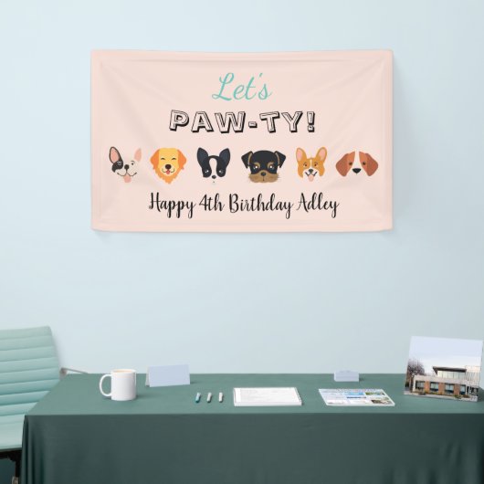 Roze Laten we Paw-ty Dog Birthday Party Spandoek (Beurs)