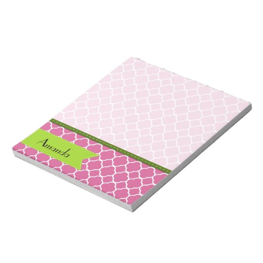 Roze Latticework, Quatrefoil, Trellis, Jouw naam Notitieblok (Linkerzijde)