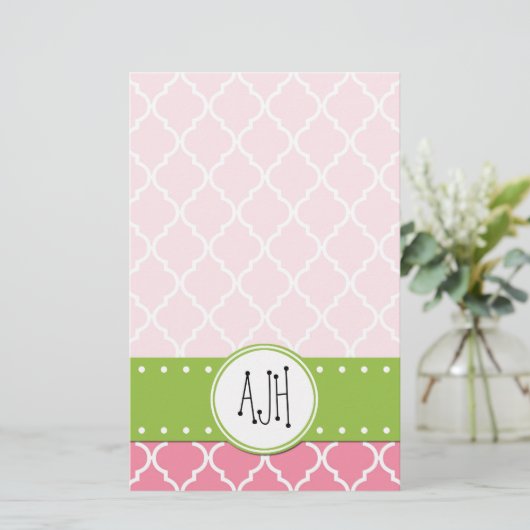 Roze Latticework, Quatrefoil, Trellis, Monogram Briefpapier (Staand voorkant)