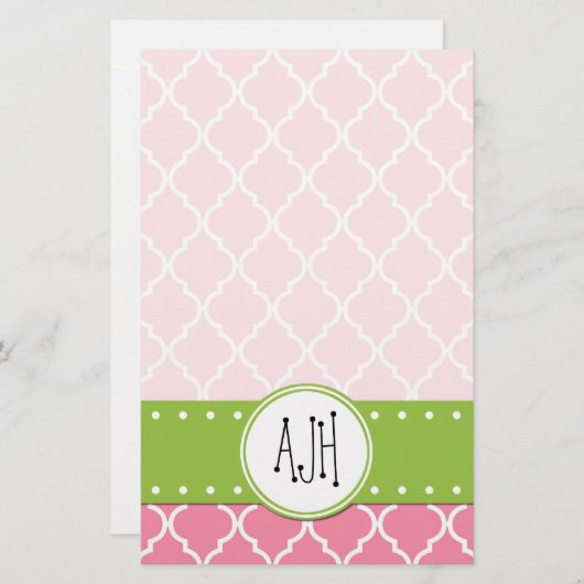 Roze Latticework, Quatrefoil, Trellis, Monogram Briefpapier (Voorkant / Achterkant)
