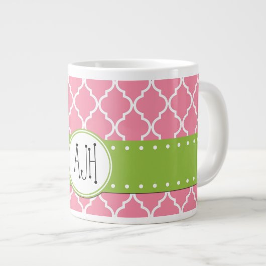 Roze Latticework, Quatrefoil, Trellis, Monogram Grote Koffiekop (Voorkant rechts)