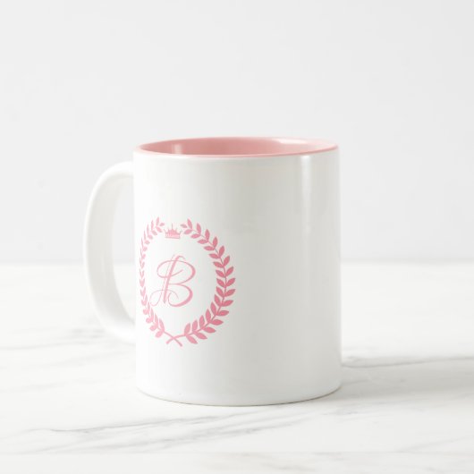 Roze Laurel Wreatwith Monogram Tweekleurige Koffiemok (Voorkant links)