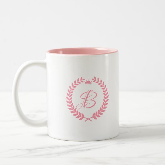 Roze Laurel Wreatwith Monogram Tweekleurige Koffiemok (Links)
