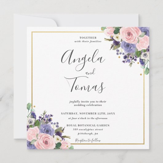 Roze Lavendel Bloemengroen Huwelijk Goud Vierkant Kaart (Voorkant)