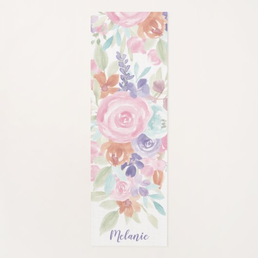 Roze lavendel bloemige waterverf naam monogram yogamat (Voorkant)