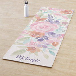 Roze lavendel bloemige waterverf naam monogram yogamat