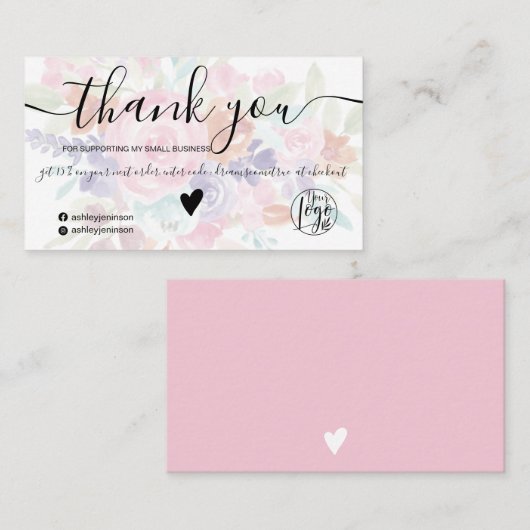 Roze lavendel bloemige waterverf orde dank u visitekaartje (Voorkant / Achterkant)