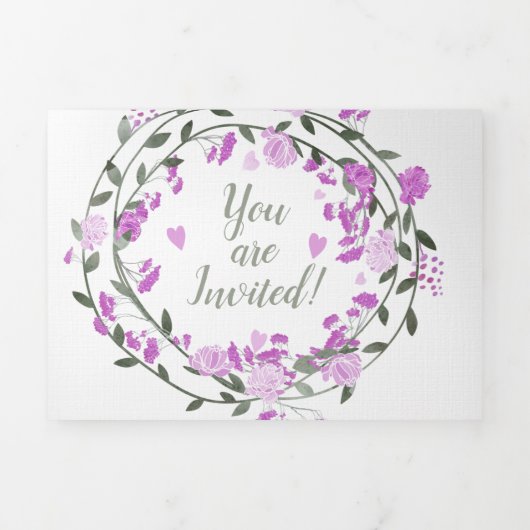 Roze lavendel en paarse pioen bloemige bruiloft drieluik uitnodiging (Cover)