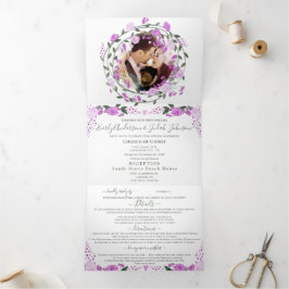 Roze lavendel en paarse pioen bloemige bruiloft drieluik uitnodiging