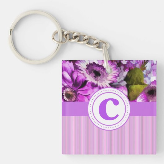 Roze lavendel Floral & Stripes Monogram Sleutelhan Sleutelhanger (voorkant)