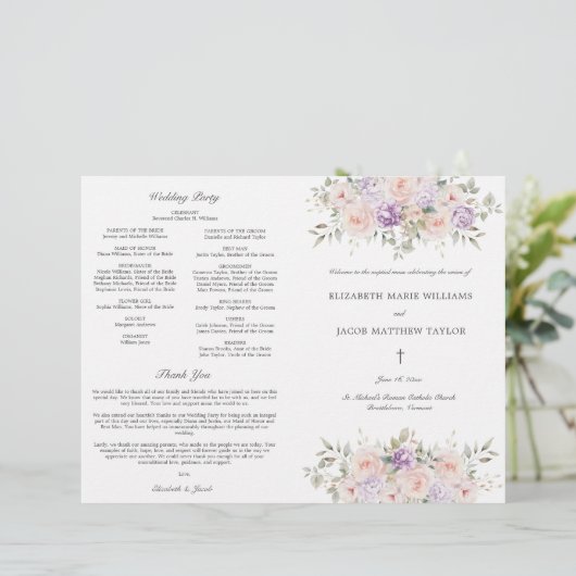 Roze Lavendel Katholiek Huwelijksceremonie Program (Staand voorkant)