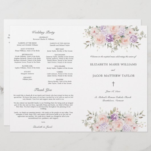 Roze Lavendel Katholiek Huwelijksceremonie Program (Voorkant / Achterkant)