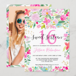 Roze lavendel los bloemengoud script Sweet 16 Kaart