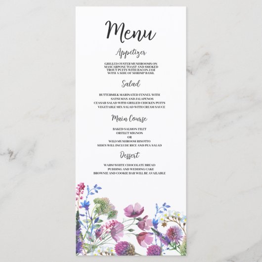 Roze lavendel paarse wilde bloem bruiloft Menu (Voorkant)