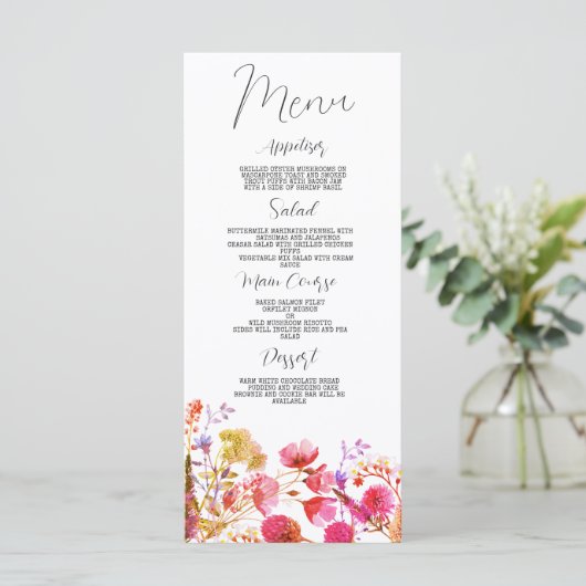 Roze lavendel paarse wilde bloem bruiloft Menu (Staand voorkant)