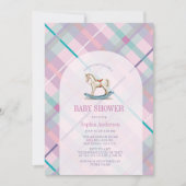 Roze Lavendel Plaid Rocking Horse Girl Baby shower Kaart (Voorkant)