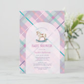 Roze Lavendel Plaid Rocking Horse Girl Baby shower Kaart (Staand voorkant)