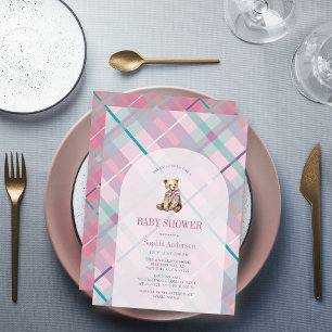 Roze & Lavendel Plaid Teddy Bear Girl Baby shower Kaart