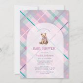 Roze & Lavendel Plaid Teddy Bear Girl Baby shower Kaart (Voorkant)