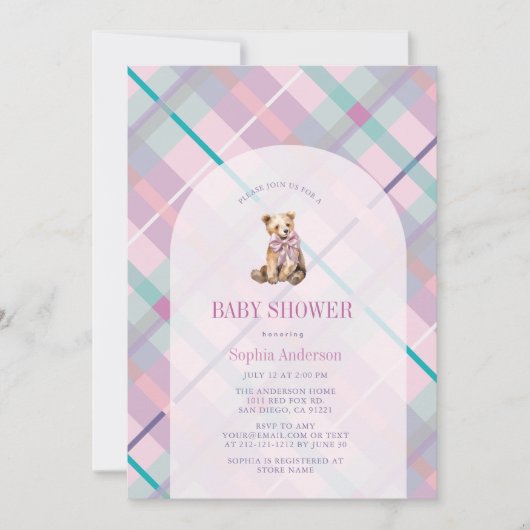 Roze & Lavendel Plaid Teddy Bear Girl Baby shower Kaart (Voorkant)