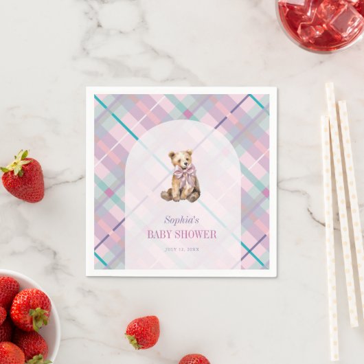 Roze & Lavendel Plaid Teddy Bear Girl Baby shower Servet (Insitu)